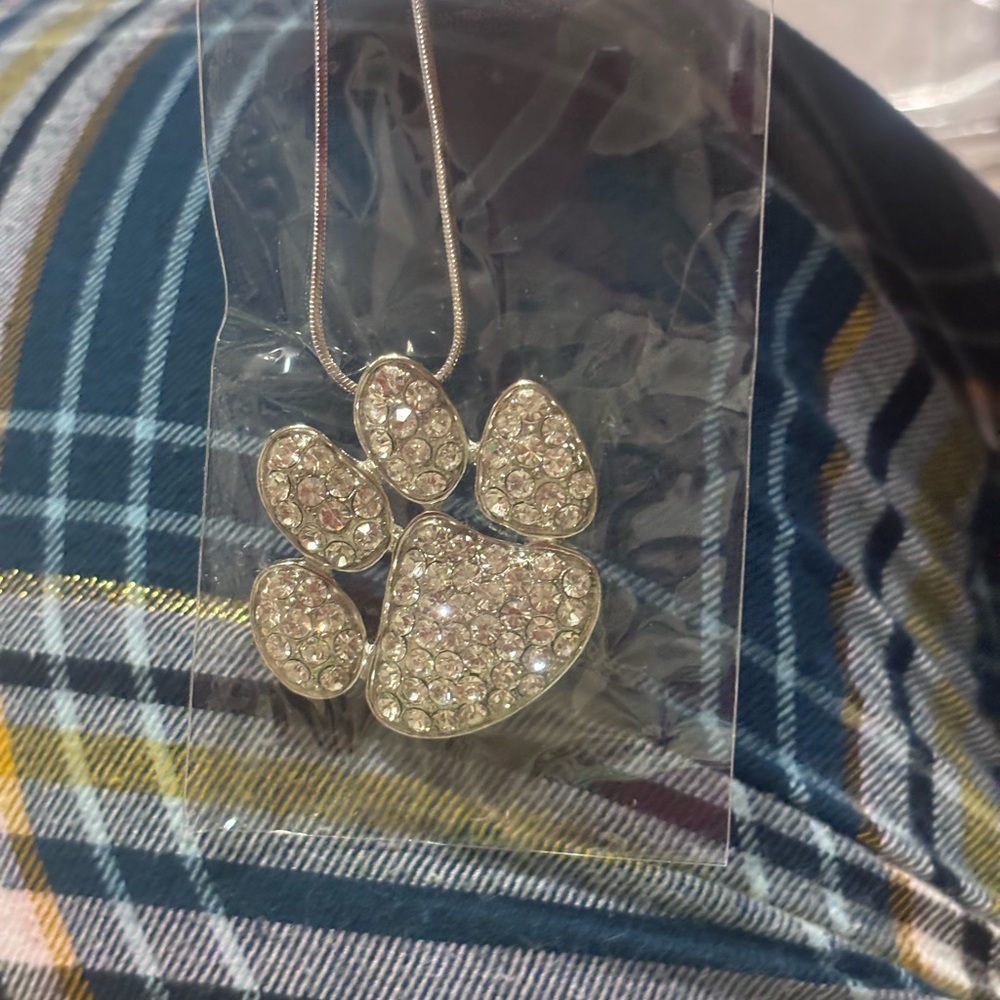 Silver Paw Print Pendant Necklace - Sparkling Paw Charm - Picture 2 of 3